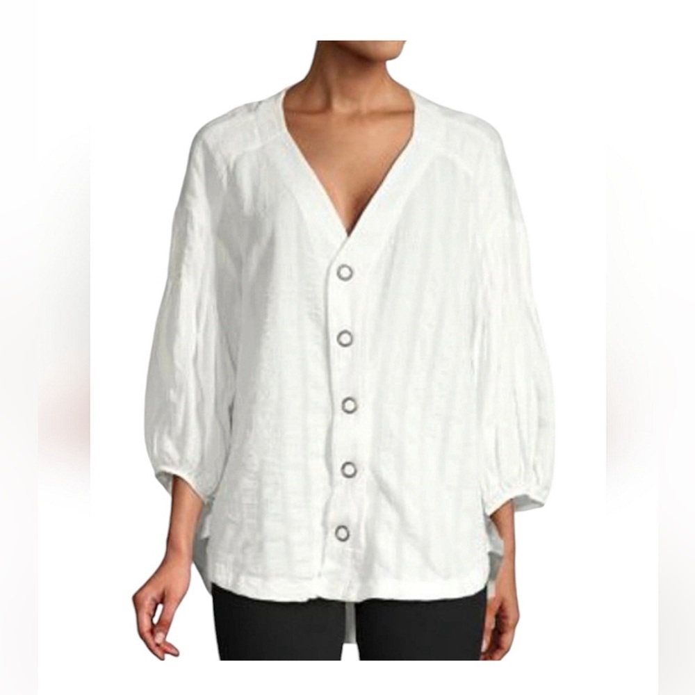 We The Free White Puff Sleeve Button Down Blouse | Size Large | Boho Chic